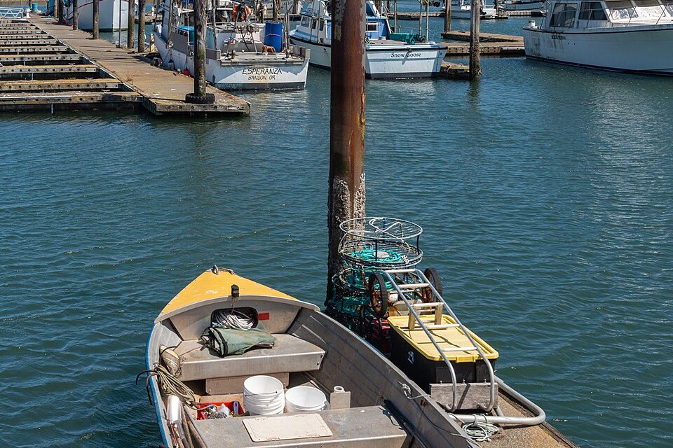 Fishing boats and crab pots in Charleston Marina on Coos Bay