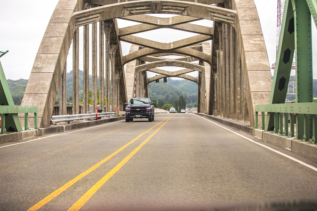 The concrete arches of the Umpqua River Bridge at Reedsport
